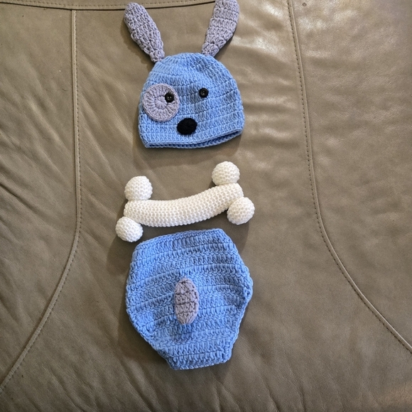Adorable Crochet Blue Puppy Hat and Diaper Pants with A Dog Bone Toy - Picture 5 of 5